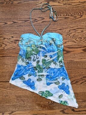 Y2K Gabi Butterfly Print Asymmetric Mesh Halter Top
